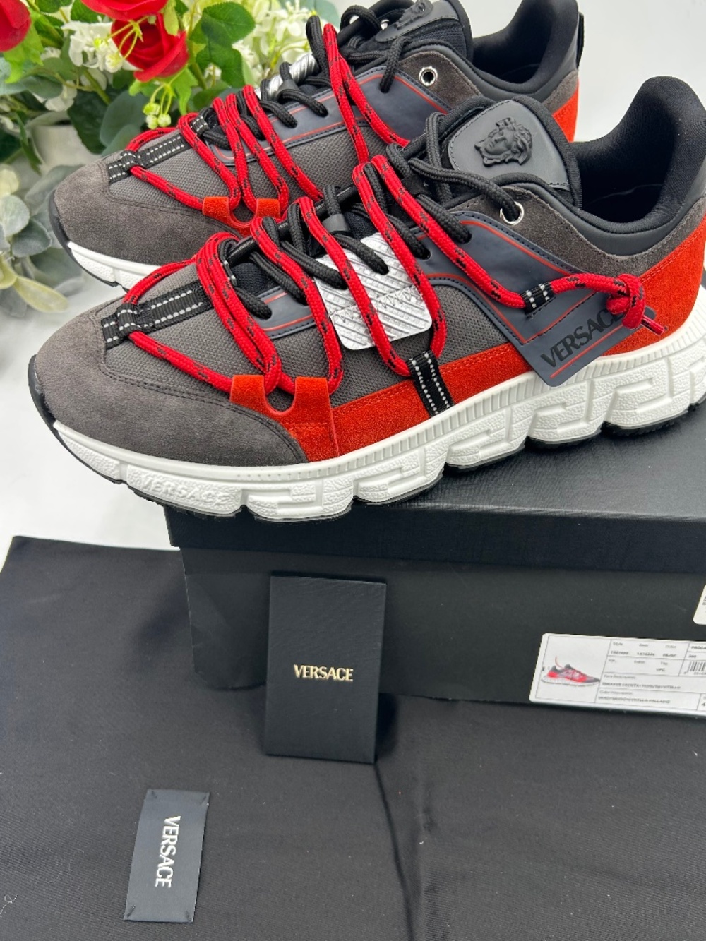 Versace TRIGRECA Sneakers Gray/Black/Red Suede Size 46/13. Made in Italy.